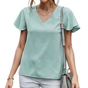 Sea foam green shirt V-Neck Short Sleeve Top w/flutter sleeve